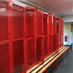 Mesh Lockers on Bench Bases Powder Coated Red
