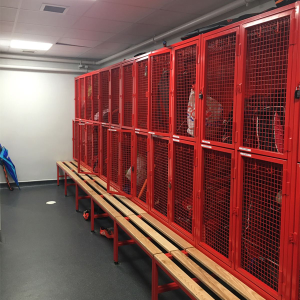 Red Wire Mesh Lockers on Bench Bases in use