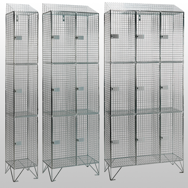 3 Door Wire Mesh Lockers with Sloping Tops by AMP Wire